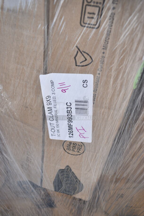 PALLET LOT of 20 BRAND NEW Boxes Including 347SLWG12A Visions 12 oz. Heavy Weight Clear Plastic Stemless Angled Wine Glass - 64/Case, 394365XL Noble Products Powder-Free Disposable Clear Vinyl Gloves for Foodservice - Extra Large - 1000/Case, 129MCR32B Choice 32 oz. Black Round Microwavable Heavy Weight Container with Lid 7 1/4" - 150/Case, 795PTOWHT1 Choice White Microwavable Folded Paper #1 Take-Out Container 4 3/8" x 3 1/2" x 2 1/2" - 450/Case, 126MF993B3C Ecopax 9" x 9" 3-Compartment Microwaveable Black Mineral-Filled Plastic Hinged Take-Out Container - 150/Case, 500CC16HW Choice Heavy Weight 16 oz. Clear Plastic Cold Cup - 1000/Case, Dart C53PST1 ClearSeal Hinged Lid Plastic Container 5 3/8" x 5 1/4" x 2 5/8" - 500/Case, 500TW16S Choice 16 oz. Translucent Thin Wall Squat Plastic Cold Cup - 1000/Case, 433NHT101 Choice 1/6 Standard Size White "Thank You" Standard-Duty Plastic T-Shirt Bag - 700/Case, 164VYCHAIRBK Lancaster Table & Seating Vineyard Series Smokey Black Outdoor Cross Back Chair, 127CH08F Choice 8 oz. Clear RPET Tall Hinged Deli Container - 200/Case, 5002CPTE Lavex 2-Ply White Center Pull Economy Paper Towel Roll, 500 Sheets / Roll - 6/Case, 394365M Noble Products Powder-Free Disposable Clear Vinyl Gloves for Foodservice - Medium - 1000/Case. 20 Times Your Bid!  - Image 8 of 12