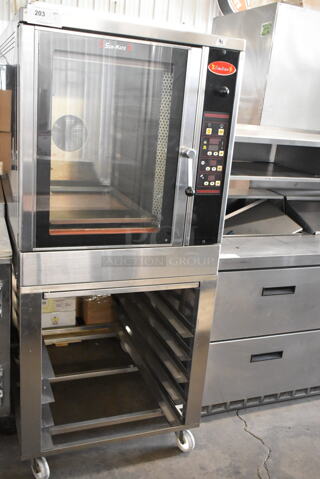 2018 Sun-Mate SCVE-6C-ST Stainless Steel Commercial Natural Gas Powered Convection Oven on Pan Rack w/ Commercial Casters. 110 Volts, 1 Phase.