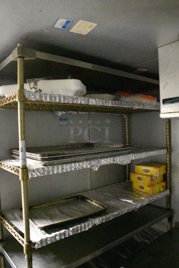 2 Gold Finish 4 Tier Shelving Unit. BUYER MUST DISMANTLE. PCI CANNOT DISMANTLE FOR SHIPPING. PLEASE CONSIDER FREIGHT CHARGES. 48x18x40.5. 2 Times Your Bid! (kitchen) - Image 2 of 4