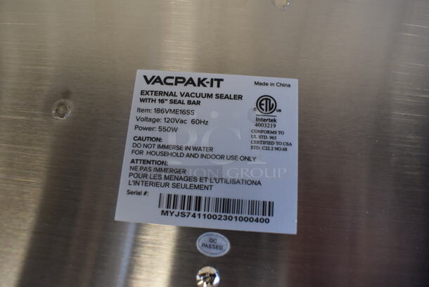 BRAND NEW SCRATCH AND DENT! Vacpak-it 186VME16SS Stainless Steel Countertop External Vacuum Sealer. 120 Volts, 1 Phase. 19x12x7. Tested and Working! - Image 6 of 7