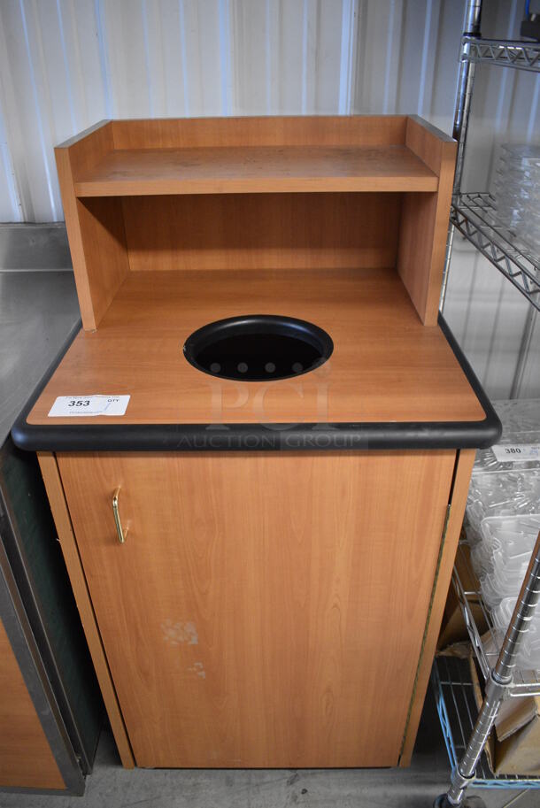 Wood Pattern Trash Can Shell w/ Trash Deposit Hole, Tray Return, Door and Poly Trash Can. 25.5x25.5x48 - Image 1 of 4