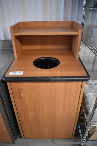 Wood Pattern Trash Can Shell w/ Trash Deposit Hole, Tray Return, Door and Poly Trash Can. 25.5x25.5x48