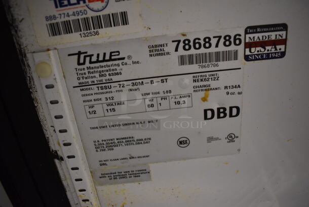 2013 True TSSU-72-30M-B-ST Stainless Steel Commercial Sandwich Salad Prep Table Bain Marie Mega Top on Commercial Casters. 115 Volts, 1 Phase. 72x34x44. Tested and Working! - Image 5 of 8