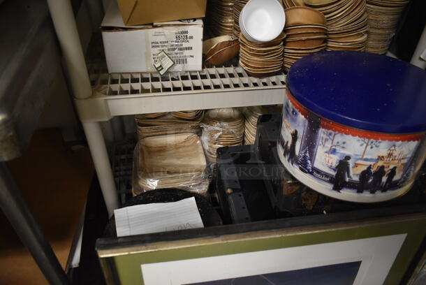 Tan Poly 6 Tier Shelving Unit w/ Contents Including Paper Products. BUYER MUST REMOVE: BUYER MUST DISMANTLE. PCI CANNOT DISMANTLE FOR SHIPPING. PLEASE CONSIDER FREIGHT CHARGES. (dish room) - Image 3 of 7