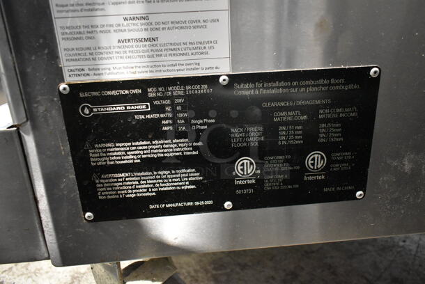 2 2020 Standard Range SR-COE 208 Stainless Steel Commercial Electric Powered Full Size Convection Oven w/ View Through Doors, Metal Oven Racks and Thermostatic Controls on Commercial Casters. 208 Volts, 1/3 Phase. 2 Times Your Bid! - Image 10 of 10
