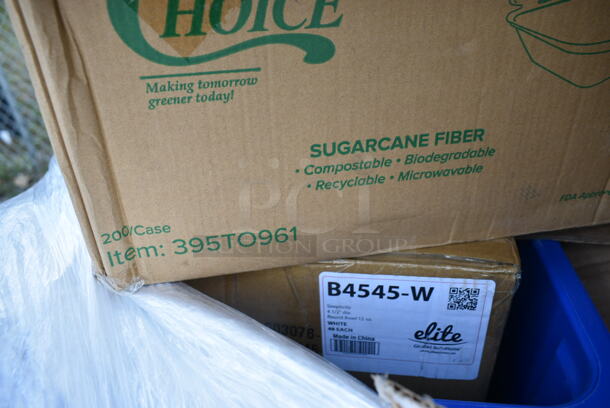 PALLET LOT of 20 BRAND NEW Boxes Including TRL-CS-10 World Centric 36-60 oz. Clear Compostable PLA Lid - 400/Case, 395TO961 EcoChoice 9" x 6" x 3" Compostable Sugarcane / Bagasse 1 Compartment Take-Out Container - 200/Case, B4545-W Elite Global Solutions B4545-W Simplicity 12 oz. White Round Melamine Bowl, 129MCR38B Choice 38 oz. Black Round Microwavable Heavy Weight Container with Lid - 150/Case, Libbey 5139 16 oz Mixing Glass, 274MOPBCKTYE Lavex 35 Qt. Yellow Mop Bucket & Side Press Wringer Combo, 433NHT101 Choice 1/6 Standard Size White "Thank You" Standard-Duty Plastic T-Shirt Bag - 700/Case, Dart Conex 20SL Translucent Lid with Straw Slot, Mompush Lithe V2 T3500M, 712B554B Speed Rail, Dart 10CPWCR Concorde 10 1/4" 3 Compartment White Non-Laminated Round Foam Plate, 395TO961 EcoChoice 9" x 6" x 3" Compostable Sugarcane / Bagasse 1 Compartment Take-Out Container - 200/Case. 20 Times Your Bid!  - Image 3 of 12