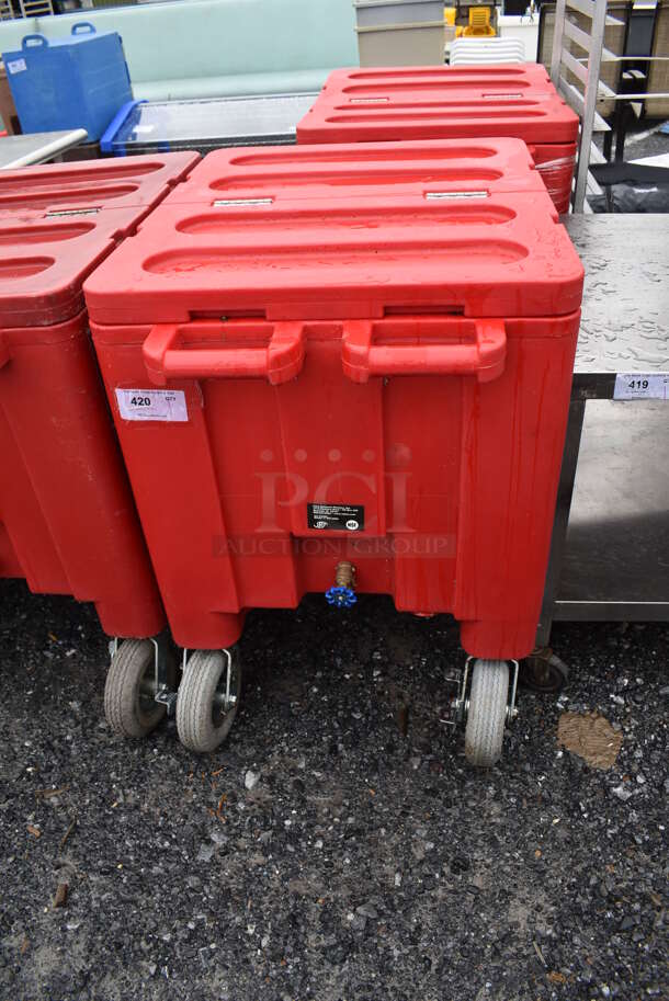 Iowa Rotocast IRP-2000 Red Poly Insulated Transport Ice Bins on Casters. 27x37x38