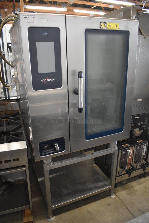 Alto Shaam Stainless Steel Commercial Electric Powered Combitherm Convection Oven on Stainless Steel Equipment Stand. Appears To Be Model CTP10-10E. 35.5x38x69.5