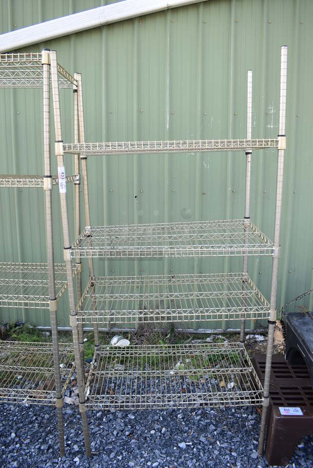 Gold Finish 4 Tier Wire Shelving Unit. BUYER MUST DISMANTLE. PCI CANNOT DISMANTLE FOR SHIPPING. PLEASE CONSIDER FREIGHT CHARGES. 36x21x75