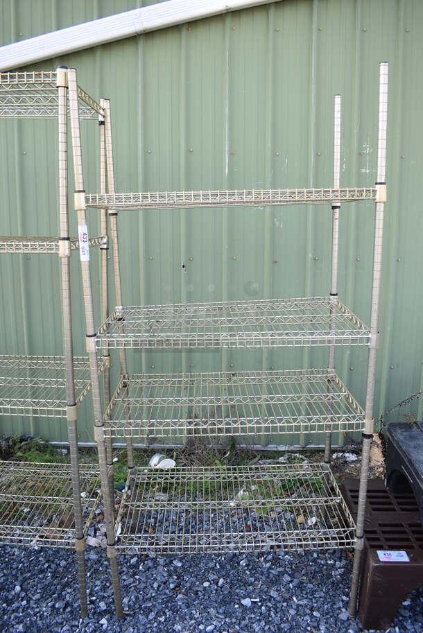 Gold Finish 4 Tier Wire Shelving Unit. BUYER MUST DISMANTLE. PCI CANNOT DISMANTLE FOR SHIPPING. PLEASE CONSIDER FREIGHT CHARGES. 36x21x75 - Image 1 of 3