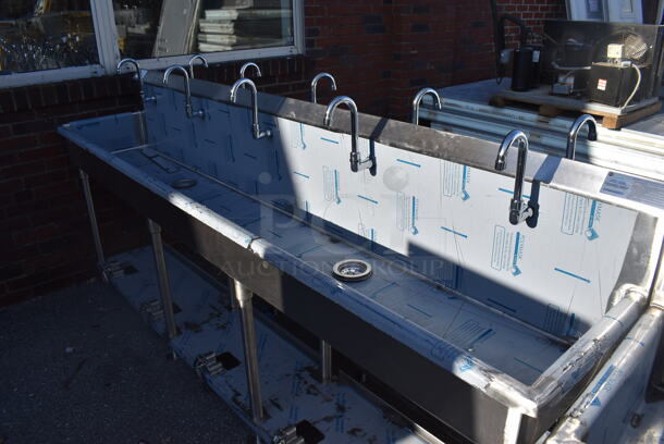 BRAND NEW SCRATCH AND DENT! Advance Tabco FS-FMM-100FV Stainless Steel 16 Gauge Multi Station Hand Sink w/ 5 Faucets, 5 Foot Pedals and Under Shelf. 100x18.5x44 - Image 2 of 8