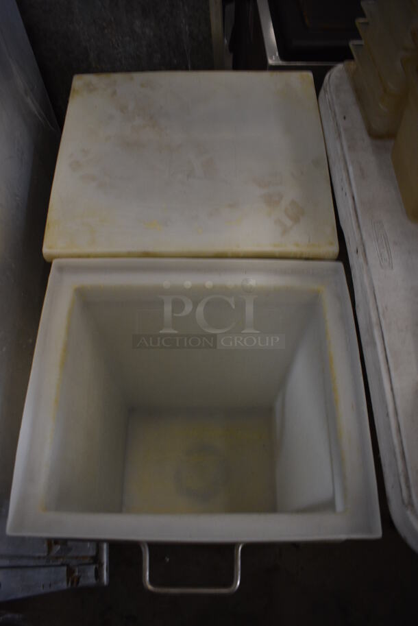 Two White Poly Ingredient Bins w/ Lids in Metal Frame on Commercial Casters. 16.5x33x29 - Image 3 of 5