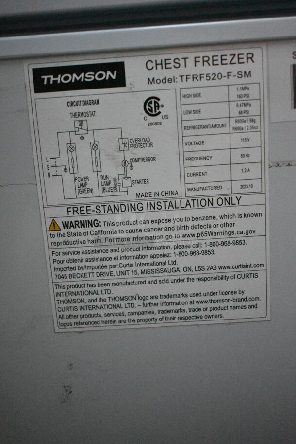 Thomson TFRF520-F-SM Metal Chest Freezer w/ Hinge Lid. 115 Volts, 1 Phase. Tested and Working! - Image 6 of 6