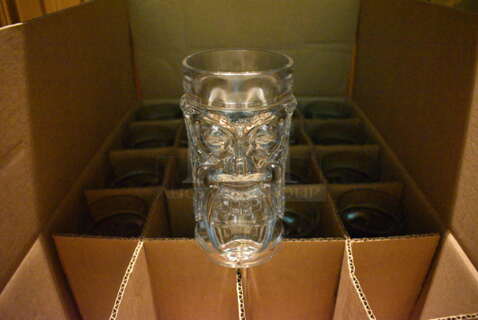 3 Boxes of 24 BRAND NEW Tiki Man Glasses. One Box Is Missing 8. 3x3x6. 3 Times Your Bid! (bar)