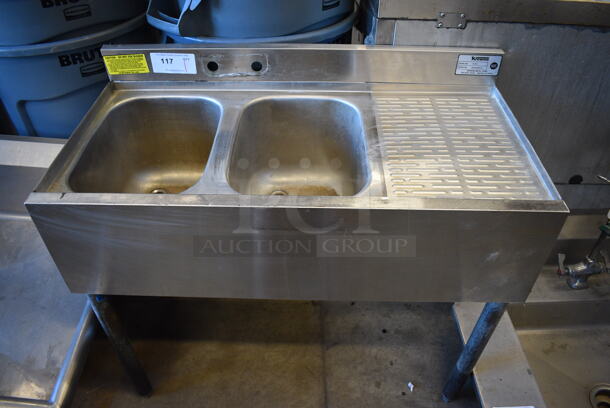 Krowne Model 1832L Stainless Steel Commercial 2 Bay Back Bar Sink w/ Right Side Drainboard. 36x18.5x33. Bays 10x14x9. Drainboard 12x16x1