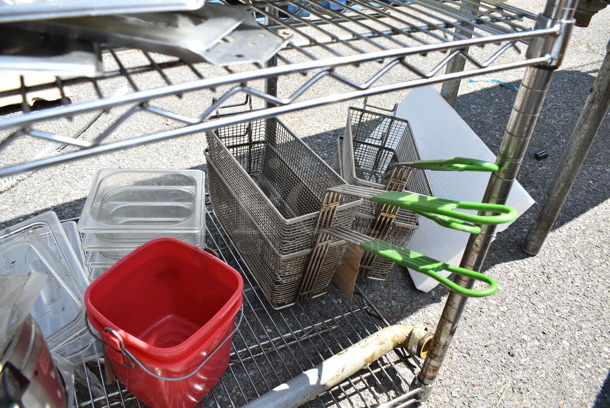 Chrome Finish 2 Tier Wire Shelving Unit w/ Contents Including Stainless Steel Drop In Bin Lids. BUYER MUST DISMANTLE. PCI CANNOT DISMANTLE FOR SHIPPING. PLEASE CONSIDER FREIGHT CHARGES. - Image 7 of 7