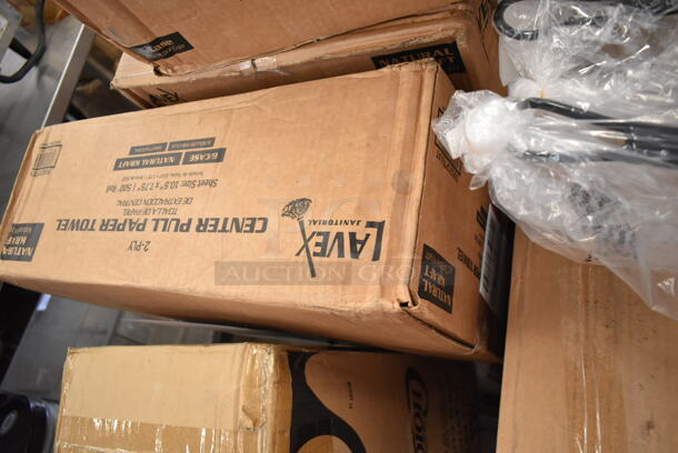 PALLET LOT of 25 BRAND NEW Boxes Including 795KFTL32RPE Choice 16-32 oz. Round PET Take-Out Lid - 300/Case, Choice 4 oz Portion Cups, 500CC32P Choice Clear PET Plastic Cold Cup - 32 oz. - 500/Case, 612527HD Choice 7" Round Heavy Weight Foil Take-Out Pan - 500/Case, 500CC32T Choice 32 oz. Straight Wall Clear PET Plastic Cold Cup - 300/Case, 3 Box 5002CPTENAT Lavex 2-Ply Natural Kraft Center Pull Paper Towel 510' Roll - 6/Case. 25 Times Your Bid! - Image 6 of 9