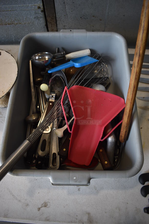 ALL ONE MONEY! Lot of Various Utensils Including Whisk, Serving Spoons in Gray Poly Bus Bin! 