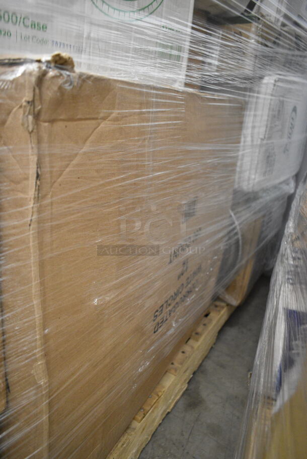 PALLET LOT of 30 BRAND NEW Boxes Including 5014046XXH Lavex Pro 45 Gallon 3 Mil 40" x 46" Low Density Heavy-Duty Industrial Contractor Black Trash Bag / Can Liner - 50/Case, 127PL400 Choice PET Plastic Lid for 3.25 to 5.5 oz. Souffle Cup / Portion Cup - 2500/Case, 966TALLFLDB Choice White Tall-Fold 6" x 13" Dispenser Napkin - 8000/Case, 130TRAY12 Visions Black PET Plastic 12" Thermoform Catering / Deli Tray - 25/Case, 10020-PRM HDPE Shopping Bags, 50016W Choice 16oz White Poly Paper Hot Cup, Corrugated White Circles 12". 30 Times Your Bid! - Image 3 of 11