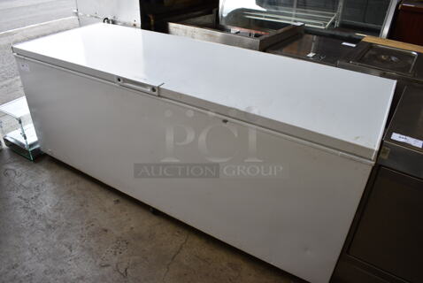 Frigidaire White Metal Chest Freezer on Commercial Casters. 83x32x34. Tested and Does Not Power On
