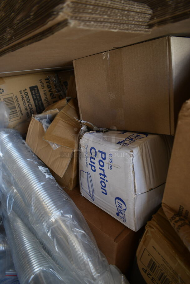 PALLET LOT of 15 BRAND NEW Boxes Including 500CC32P Choice Clear PET Plastic Cold Cup - 32 oz. - 500/Case, 130IC25PCL500 Choice 25 lb. Clear Plastic Ice Bag with Ice Print - 500/Case, Choice 25 lb Shorty Paper SOS Bag, 347RB12WHSLV White Bowl with Silver Lattice Design, Choice 0.75 oz Portion Cups, 500L1020WHT Travel Cups and Lids, 427TBBD4 Bolt Down Outdoor Table Base Plate. 15 Times Your Bid! - Image 9 of 12