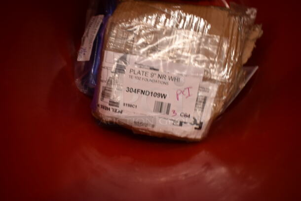 PALLET LOT of 23 BRAND NEW Boxes Including 150ASIANPINT Emperor's Select Chinese Pint Size Insulated Foil Bag - 1000/Case, 304FND109W Acopa Foundations 9" White Narrow Rim Melamine Plate - 12/Case, 3756620BP GET 6620-BP 20 oz. Blue Pepsi® SAN Plastic Pebbled Tumbler - 72/Case, Choice Pastry Bags, 471SPC100 Choice 20 13/16" Aluminum Pot / Pan Cover, 470M37015 Barfly M37015 12 3/8" Stainless Steel Bar Spoon with Fork End, 2 475TCRND44RD Lavex 44 Gallon Red Round Commercial Trash Can, 2 Box 127PL2 Choice PET Plastic Lid for 1.5 to 2.5 oz. Souffle Cup / Portion Cup - 2500/Case, 130PSVDISP4 Preserve 36007 Multi-Utensil Cutlery Dispenser, 17821313 Plate, 442CMTTW1044 Lavex 10" x 4" x 4" White Tuck Top Corrugated Mailer - 50/Bundle, 127RDTFLBULK Choice Microwavable Translucent Recessed Fit Deli Lid - 500/Case, 2 127RD16BULK Choice 16 oz. Microwavable Translucent Round Deli Container - 500/Case. 23 Times Your Bid! - Image 3 of 12