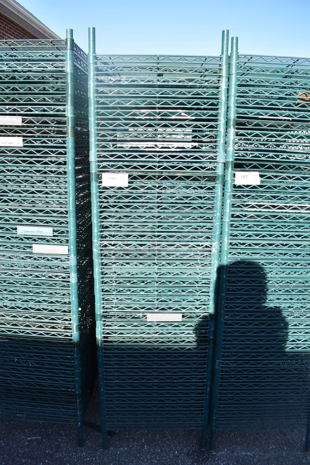 ALL ONE MONEY! Lot of 42 Green Finish Wire Shelves and 4 Poles. 36x21x1.5, 76" - Image 1 of 4
