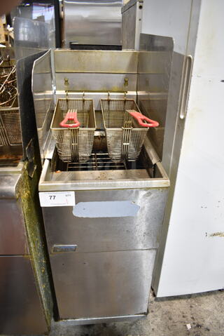 2019 Pitco Frialator 35C Stainless Steel Commercial Floor Style Natural Gas Powered Deep Fat Fryer w/ 2 Metal Fry Baskets and 2 Splash Guards. 90,000 BTU. 