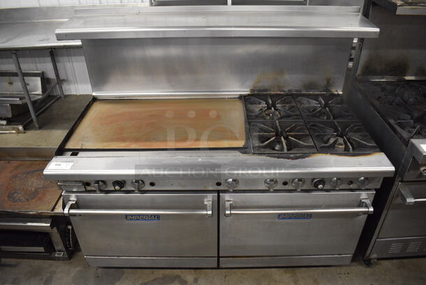 Imperial Stainless Steel Commercial Natural Gas Powered 4 Burner Range w/ Flat Top Griddle, 2 Ovens, Over Shelf and Back Splash on Commercial Casters. 60x32x56