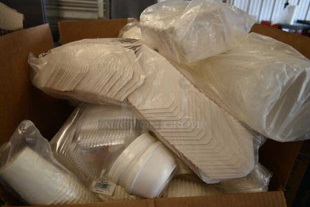 PALLET LOT of 34 BRAND NEW Boxes Including 2 Box 129MCR24B Choice 24 oz. Black Round Microwavable Heavy Weight Container with Lid 7 1/4" - 150/Case, Banquet Roll 40'x300', 3 Box 347RPBD10WHS Visions 10" White Plastic Plate with Silver Bands - 120/Case, 500TSCOVER Lavex Half Fold Paper Toilet Seat Cover - 5000/Case, 394385L Noble Products White Powder-Free Disposable Latex Gloves for Foodservice - Large - 1000/Case, 395TO991 EcoChoice 9" x 9" x 3" Compostable Sugarcane / Bagasse 1 Compartment Take-Out Box - 200/Case, Choice Foil Steam Table Pans. 34 Times Your Bid! - Image 12 of 12