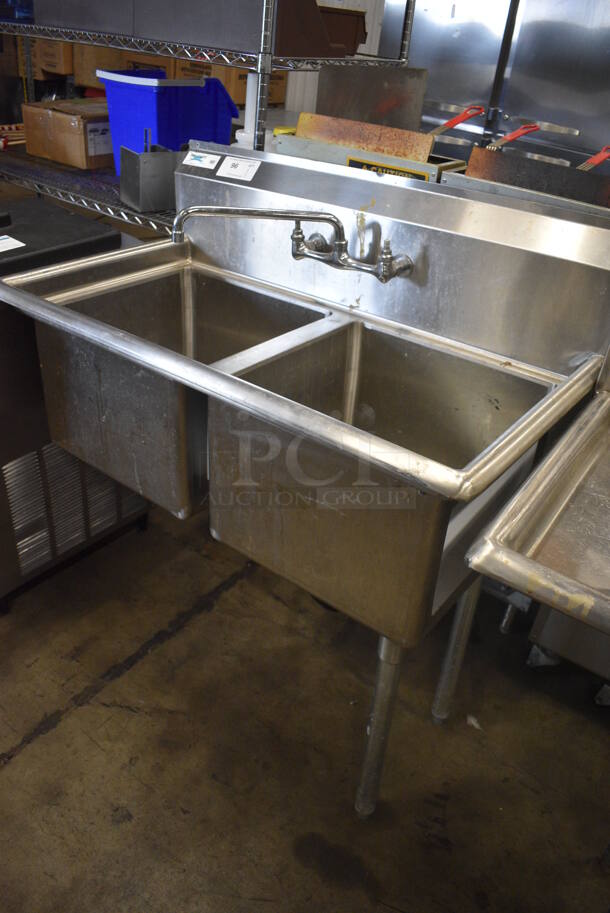 Stainless Steel 2 Bay Sink w/ Faucet and Handles. 2 Legs Need To Be Reattached. 41x22x45. Bays 17x17x12 - Image 4 of 5