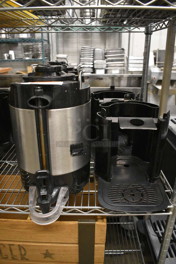 2 Stainless Steel and Black Poly Beverage Holder Dispenser and 2 Black Poly Stands w/ Drip Trays. 9x12x14, 9x13x10. 2 Times Your Bid! - Image 2 of 6