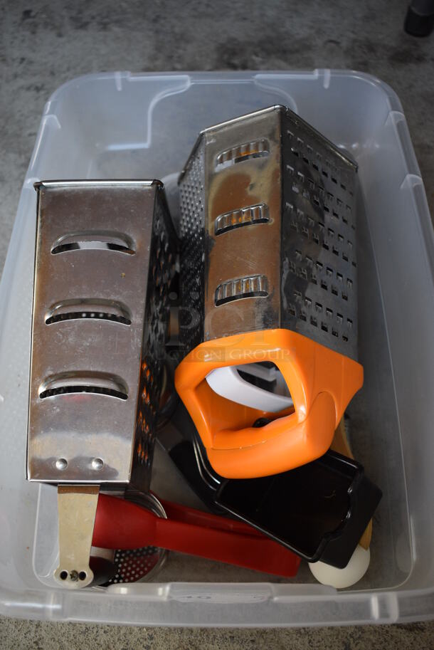 ALL ONE MONEY! Lot of Various Items Including Graters, Whisk and Measuring Cup in Poly Bin
