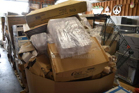 PALLET LOT of 20 BRAND NEW Boxes Including 433LSLCPIE Choice 5" Clear Hinged Slice Container with Low Dome Lid, Noble X Large Gloves, Dart C57PST1 ClearSeal Hinged Lid Plastic Container 6" x 5 13/16" x 3" - 500/Case, 6x6 Sandwich Trays, 127DM32COMBO Choice 32 oz. Ultra Clear Recycled PET Plastic Round Deli Container and Lid Combo - 250/Case, Steelton Utility Wire Shelf Kit, 245CCGR12BL Baker's Lane 12" White Corrugated Grease-Resistant Cake Circle - 100/Case. 20 Times Your Bid! 
