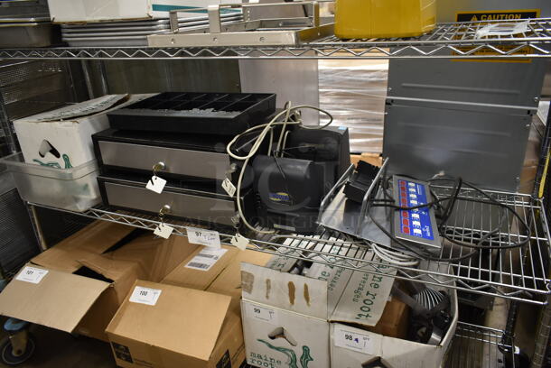 ALL ONE MONEY! Tier Lot of Various Items Including 2 Metal Cash Drawers and Merlin II Timer. - Image 1 of 5