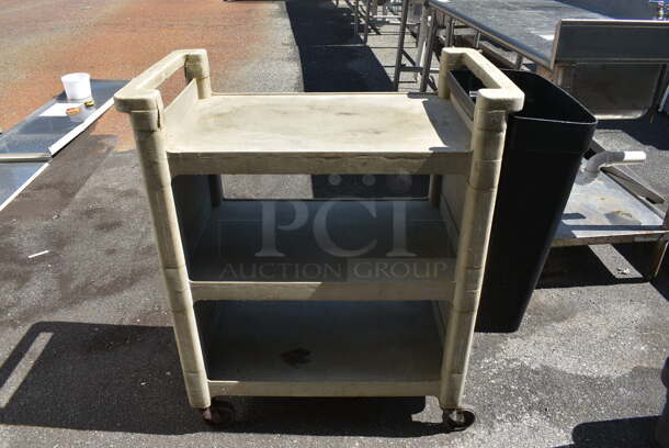 Tan Poly 3 Tier Cart w/ 2 Push Handles on Commercial Casters. 38x18x37