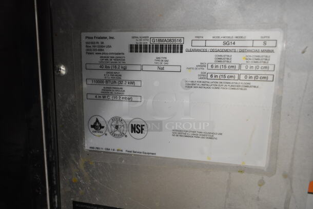 2018 Pitco Frialator SG14 Stainless Steel Commercial Floor Style Natural Gas Powered Deep Fat Fryer w/ 2 Metal Fry Baskets. 110,000 BTU.  - Image 5 of 5