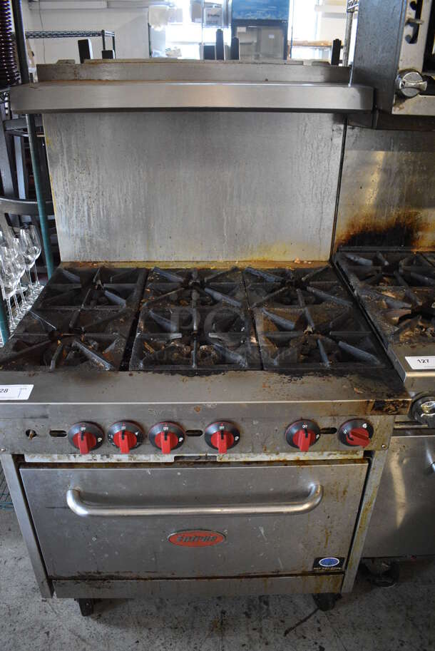 Entree Stainless Steel Commercial Natural Gas Powered 6 Burner Range w/ Oven and Back Splash on Commercial Casters. 36x33x60