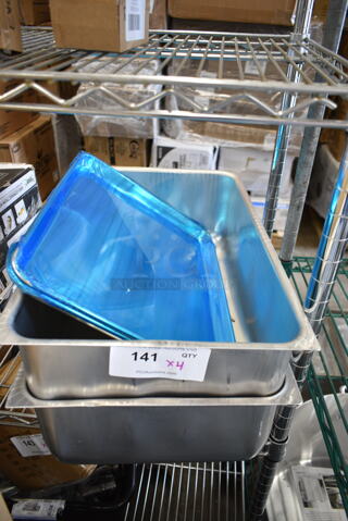 BRAND NEW SCRATCH AND DENT! Lot of 2 407BUNHALF Choice Half Size 13" x 18" 19 Gauge Wire in Rim Aluminum Bun / Sheet Pan and 2 247ALSPILL Vigor 6 5/16" Deep Full Size Aluminum Steam Table Spillage Pan