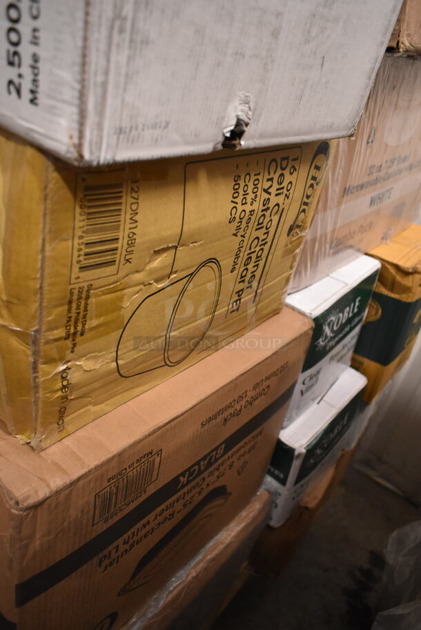 PALLET LOT of 25 BRAND NEW Boxes Including 433CARRIER Pulp Fiber 4 Cup Carrier, 394365M Noble Medium Gloves, 2 Box 128HD32BULK ChoiceHD 32 oz. Microwavable Translucent Plastic Deli Container - 480/Case, 5013858 Lavex Li'l Herc 55-60 Gallon 1.2 Mil 38" x 58" Low Density Medium-Duty Black Trash Bag / Can Liner - 100/Case, 129MCS38B Choice 38 oz. Black Rectangular Microwavable Heavy Weight Container with Lid 8 3/4" x 6 1/4" x 2" - 150/Case, 500CC12 Choice Clear PET Customizable Plastic Cold Cup - 12 oz. - 1000/Case, 500CFT Lavex White C-Fold Standard Weight Towel - 2400/Case, 127DM16BULK Choice 16 oz. Ultra Clear PET Plastic Round Deli Container - 500/Case, 129MCS28B Choice 28 oz. Black Rectangular Microwavable Heavy Weight Container with Lid 8 3/4" x 6 1/4" x 1 3/4" - 150/Case, 795PTOKFT3 Choice Kraft Microwavable Folded Paper #3 Take-Out Container 7 3/4" x 5 1/2" x 2 1/2" - 200/Case, 128HD12COMBO ChoiceHD 12 oz. Microwavable Translucent Plastic Deli Container and Lid Combo Pack - 240/Case, 274MBCKT26BK Lavex 26 Qt. Black Mop Bucket and Side Press Wringer Combo. 25 Times Your Bid!  - Image 11 of 12