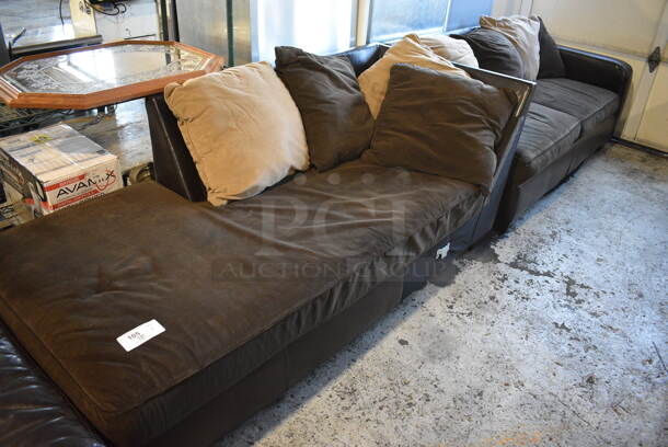 ALL ONE MONEY! Lot of 2 Pieces of Brown Couch w/ Brown and Tan Pillows. 79x35x31.5, 73x35x31.5