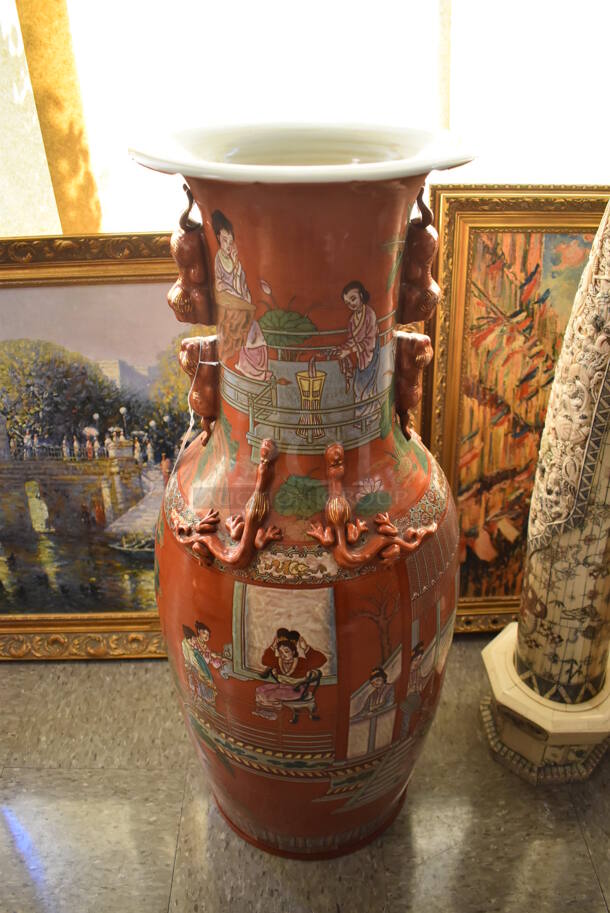 Ornate Asian Style Vase w/ Dragon Motif and Lion Handles.