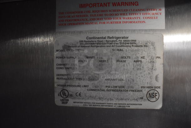 Continental 2RE-SS Stainless Steel Commercial 2 Door Reach In Cooler on Commercial Casters. 115 Volts, 1 Phase. 58x34x81. Tested and Powers On But Temps at 43 Degrees - Image 6 of 6