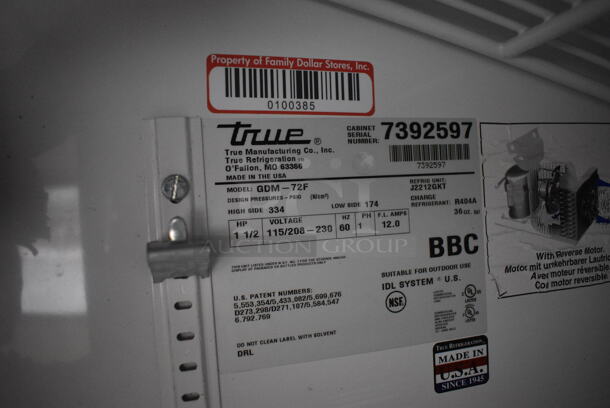 2012 True Model GDM-72F Metal Commercial 3 Door Reach In Freezer Merchandiser w/ Poly Coated Racks on Commercial Casters. 115/208-230 Volts, 1 Phase. 79x30x82 - Image 4 of 8