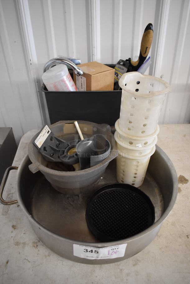 ALL ONE MONEY! Lot of Various Items Including Poly Brew Basket, Poly Silverware Holders and Metal Bowl - Image 1 of 4
