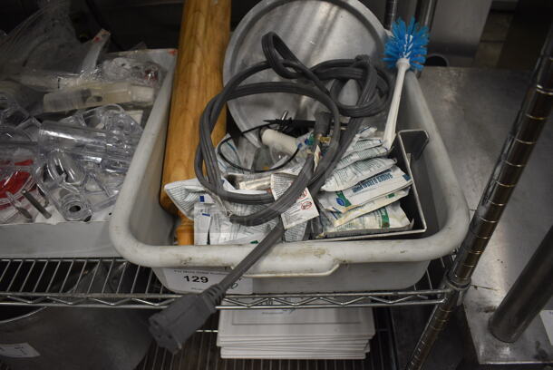 ALL ONE MONEY! Lot of Various Parts Including Rolling Pin, Metal Lids and Wire in Gray Poly Bus Bin!  - Image 2 of 5