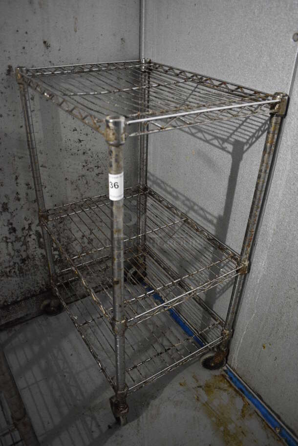 Chrome Finish 3 Tier Wire Shelving Unit. BUYER MUST DISMANTLE. PCI CANNOT DISMANTLE FOR SHIPPING. PLEASE CONSIDER FREIGHT CHARGES. 24x18x40. (kitchen) - Image 2 of 3