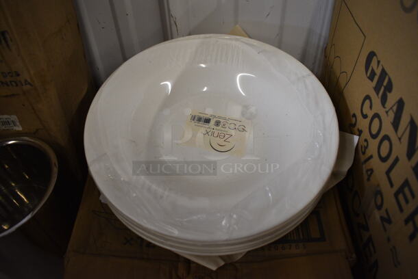 12 BRAND NEW IN BOX! Zenix White Ceramic Plates. 11x11x2. 12 Times Your Bid!