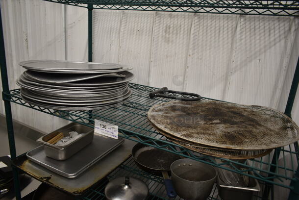 ALL ONE MONEY! Lot of 3 Tiers of Various Items Including Metal Baking Pans, Sauce Pan and Skillet. Does Not Include Shelving Unit. - Image 2 of 4