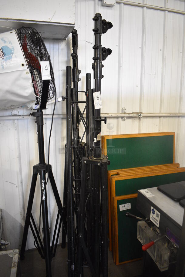 ALL ONE MONEY! Lot of 2 Metal Black Tripod Stands and 3 Black Metal Units! Includes 8x8x75, 59x2x8 - Image 1 of 5